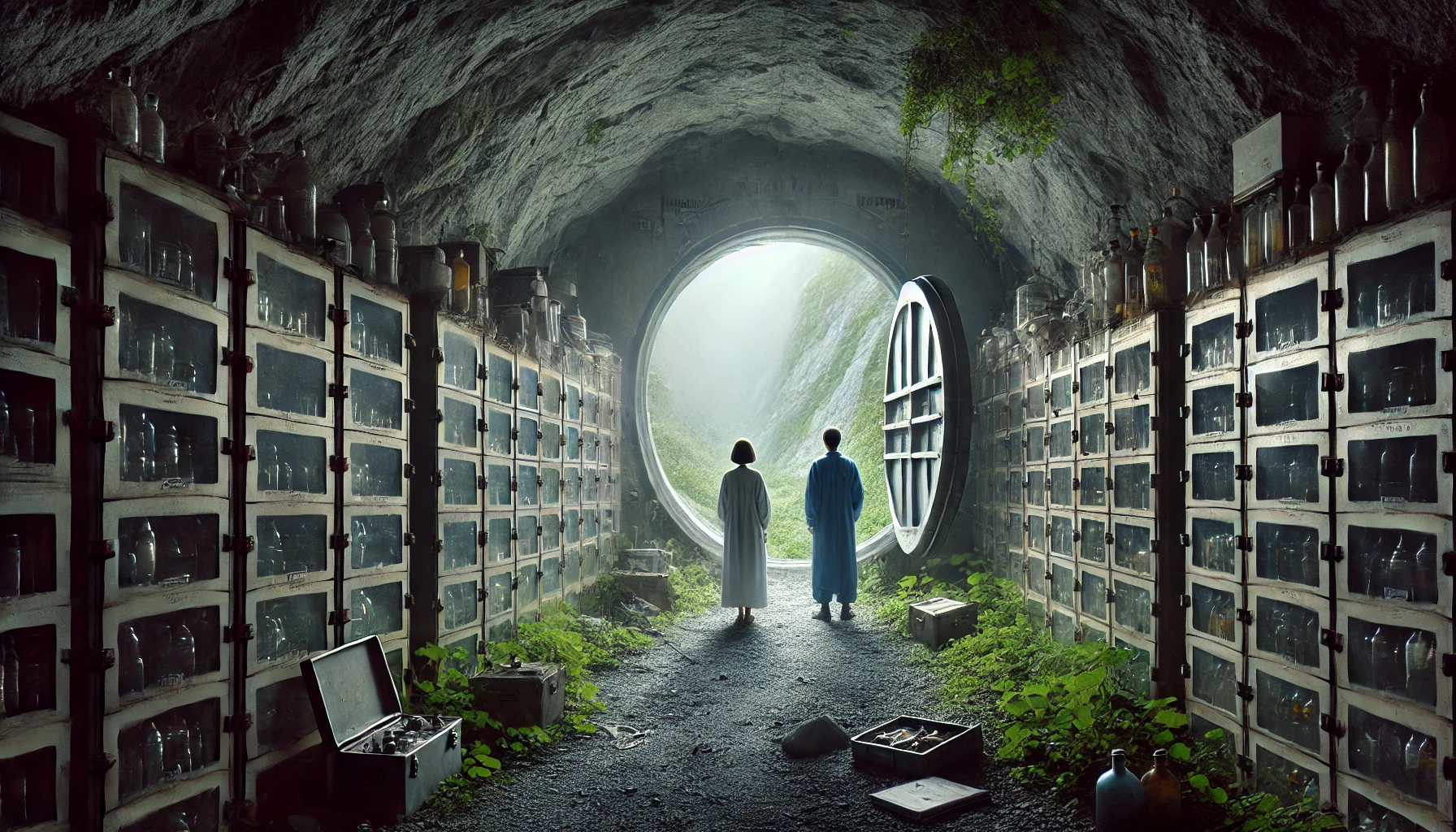 DALLE 2024 12 04 11.11.15 Un bunker nascosto tra le montagne lingresso è una porta di metallo semicoperta da rocce e vegetazione. Allinterno una stanza sterile con scaffali