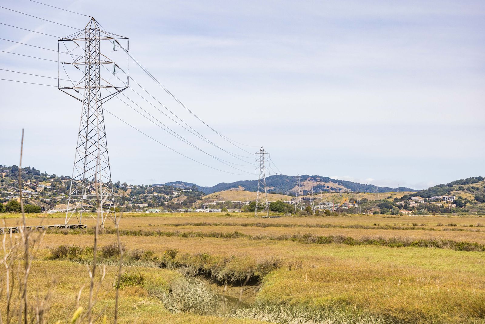 Linee elettriche ad alta tensione che attraversano un paesaggio verde sotto un cielo sereno