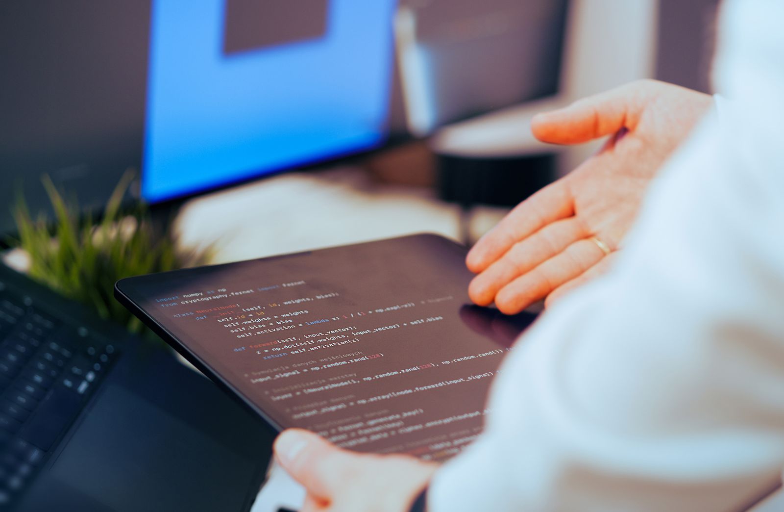 Professionista che analizza dati e codice su un tablet in un moderno ufficio tecnologico