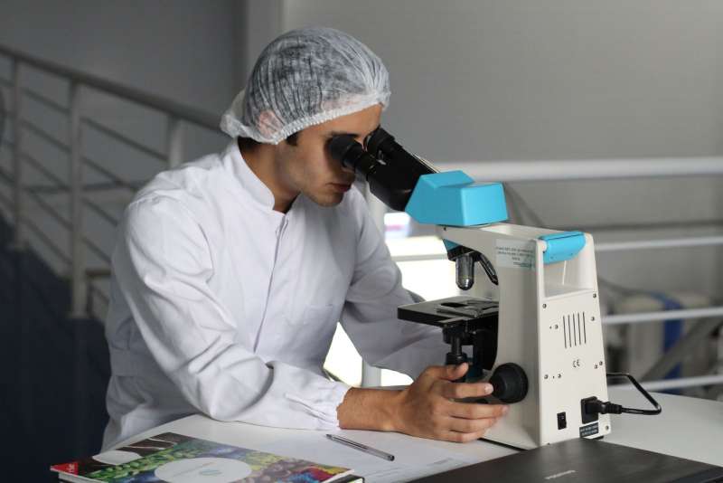 Ricercatore in laboratorio osserva un campione al microscopio durante un test su materiali per batterie