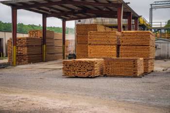 Cataste di assi di legno in un deposito all'aperto, simbolo dei materiali da costruzione recuperati dall'hub di Brooklyn